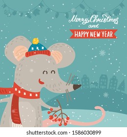 Cartoon illustration for holiday theme with happy rat,symbol of the year 2020, on winter background with trees and snow. Greeting card for Merry Christmas and Happy New Year.Vector illustration.