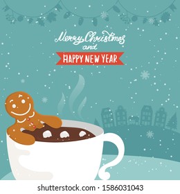 Cartoon illustration for holiday theme with happy gingerbread man in the cup of  chocolate  on winter background with trees and snow. Greeting card for Merry Christmas and Happy New Year.Vector illust