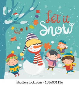 Cartoon illustration for holiday theme with happy snowman and children on winter background with trees and snow. Greeting card for Merry Christmas and Happy New Year.Vector illustration.