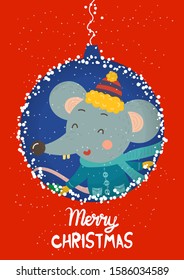 Cartoon illustration for holiday theme with happy rat,symbol of the year 2020, on winter background with trees and snow. Greeting card for Merry Christmas and Happy New Year.Vector illustration.