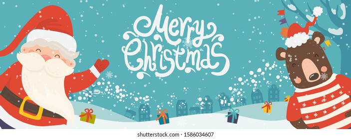 Cartoon illustration for holiday theme with happy Santa Claus and bear on winter background with trees and snow. Banner for Merry Christmas and Happy New Year.Vector illustration.