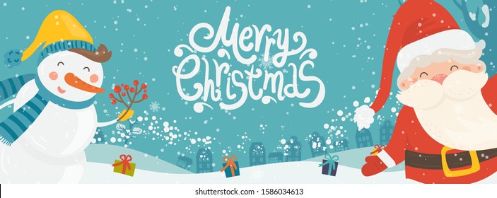 Cartoon illustration for holiday theme with happy Santa Claus and snowman on winter background with trees and snow. Banner for Merry Christmas and Happy New Year. Vector illustration.