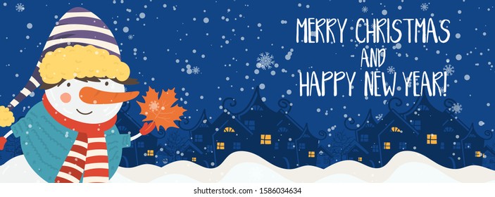 Cartoon illustration for holiday theme with happy snowman on winter background with trees and snow. Banner for Merry Christmas and Happy New Year. Vector illustration.