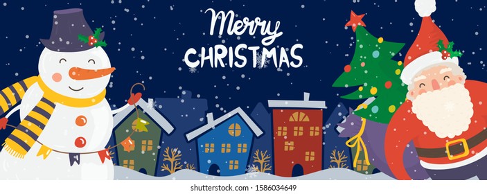 Cartoon illustration for holiday theme with happy Santa Claus and snowman on winter background with trees and snow. Banner for Merry Christmas and Happy New Year. Vector illustration.