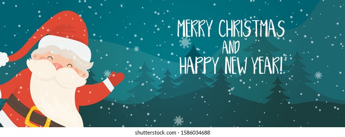 Cartoon illustration for holiday theme with happy Santa Claus on winter background with trees and snow. Banner for Merry Christmas and Happy New Year. Vector illustration.