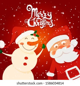 Cartoon illustration for holiday theme with happy Santa Claus and snowman on winter background with trees and snow. Greeting card for Merry Christmas and Happy New Year. Vector illustration.