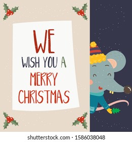 Cartoon illustration for holiday theme with happy rat,symbol of the year 2020, on winter background with trees and snow. Greeting card for Merry Christmas and Happy New Year.Vector illustration.