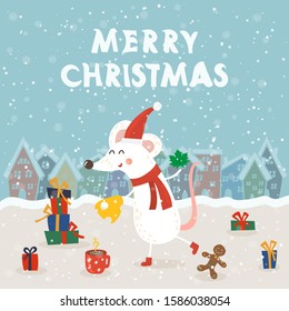 Cartoon illustration for holiday theme with happy rat,symbol of the year 2020, on winter background with trees and snow. Greeting card for Merry Christmas and Happy New Year.Vector illustration.