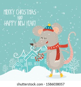 Cartoon illustration for holiday theme with happy rat,symbol of the year 2020, on winter background with trees and snow. Greeting card for Merry Christmas and Happy New Year.Vector illustration.