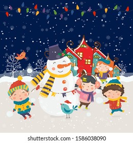 Cartoon illustration for holiday theme with happy snowman and children on winter background with trees and snow. Greeting card for Merry Christmas and Happy New Year.Vector illustration.