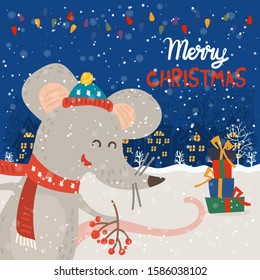 Cartoon illustration for holiday theme with happy rat,symbol of the year 2020, on winter background with trees and snow. Greeting card for Merry Christmas and Happy New Year.Vector illustration.
