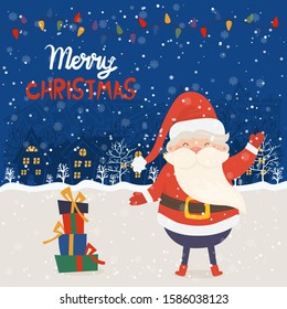 Cartoon illustration for holiday theme with happy Santa Claus on winter background with trees and snow. Greeting card for Merry Christmas and Happy New Year.Vector illustration.