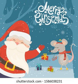 Cartoon illustration for holiday theme with happy Santa Claus and rat on winter background with trees and snow. Greeting card for Merry Christmas and Happy New Year.ector illustration.