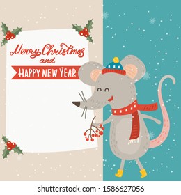 Cartoon illustration for holiday theme with happy rat,symbol of the year 2020, on winter background with trees and snow. Greeting card for Merry Christmas and Happy New Year.Vector illustration.