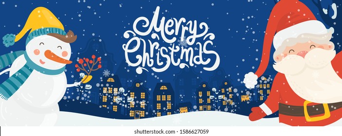 Cartoon illustration for holiday theme with happy Santa Claus and snowman on winter background with trees and snow. Banner for Merry Christmas and Happy New Year. Vector illustration.