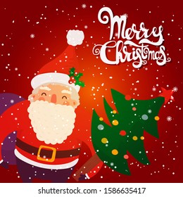 Cartoon illustration for holiday theme with happy Santa Claus on winter background with trees and snow. Greeting card for Merry Christmas and Happy New Year.Vector illustration.