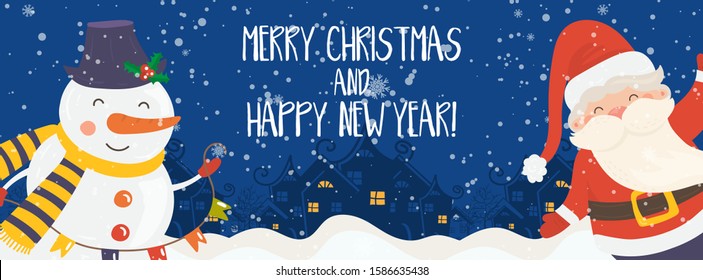 Cartoon illustration for holiday theme with happy Santa Claus and snowman on winter background with trees and snow. Banner for Merry Christmas and Happy New Year. Vector illustration.
