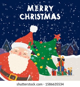 Cartoon illustration for holiday theme with happy Santa Claus on winter background with trees and snow. Greeting card for Merry Christmas and Happy New Year.Vector illustration.