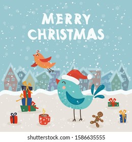 Cartoon illustration for holiday theme with happy birds on winter background with trees and snow. Greeting card for Merry Christmas and Happy New Year. Vector illustration.
