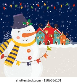 Cartoon illustration for holiday theme with happy snowman on winter background with trees and snow. Greeting card for Merry Christmas and Happy New Year. Vector illustration.
