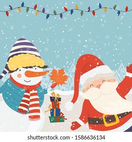 Cartoon illustration for holiday theme with happy Santa Claus and snowman on winter background with trees and snow. Greeting card for Merry Christmas and Happy New Year. Vector illustration.