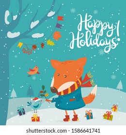 Cartoon illustration for holiday theme with happy fox on winter background with trees and snow. Greeting card for Merry Christmas and Happy New Year. Vector illustration.