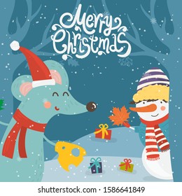 Cartoon illustration for holiday theme with happy snowman and rat on winter background with trees and snow. Greeting card for Merry Christmas and Happy New Year. Vector illustration.