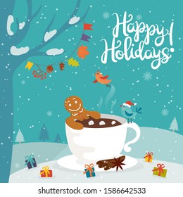 Cartoon illustration for holiday theme with happy gingerbread man in the cup of chocolate  on winter background with trees and snow. Greeting card for Merry Christmas and Happy New Year.Vector