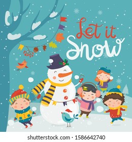 Cartoon illustration for holiday theme with happy snowman and children on winter background with trees and snow. Greeting card for Merry Christmas and Happy New Year.Vector illustration.