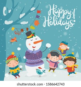 Cartoon illustration for holiday theme with happy snowman and children on winter background with trees and snow. Greeting card for Merry Christmas and Happy New Year.Vector illustration.