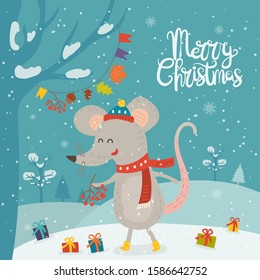 Cartoon illustration for holiday theme with happy rat,symbol of the year 2020, on winter background with trees and snow. Greeting card for Merry Christmas and Happy New Year.Vector illustration.
