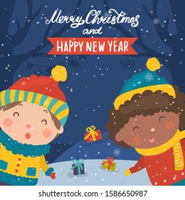 Cartoon illustration for holiday theme with happy children on winter background with trees and snow. Greeting card for Merry Christmas and Happy New Year.Vector illustration.