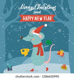 Cartoon illustration for holiday theme with happy rat,symbol of the year 2020, on winter background with trees and snow. Greeting card for Merry Christmas and Happy New Year.Vector illustration.