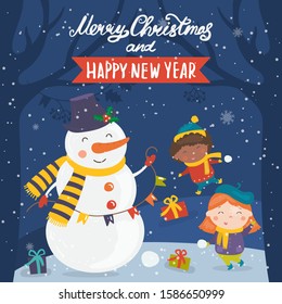 Cartoon illustration for holiday theme with happy snowman and children on winter background with trees and snow. Greeting card for Merry Christmas and Happy New Year.Vector illustration.