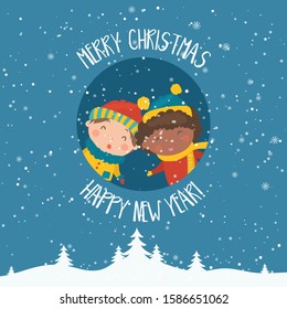 Cartoon illustration for holiday theme with happy children on winter background with trees and snow. Greeting card for Merry Christmas and Happy New Year.Vector illustration.