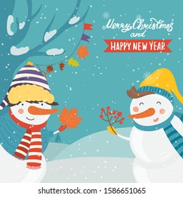 Cartoon illustration for holiday theme with happy snowman on winter background with trees and snow. Greeting card for Merry Christmas and Happy New Year. Vector illustration.