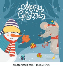 Cartoon illustration for holiday theme with happy snowman and rat on winter background with trees and snow. Greeting card for Merry Christmas and Happy New Year. Vector illustration.