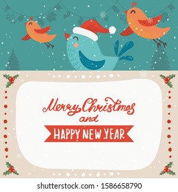 Cartoon illustration for holiday theme with happy birds on winter background with trees and snow. Greeting card for Merry Christmas and Happy New Year. Vector illustration.