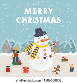 Cartoon illustration for holiday theme with happy snowman on winter background with trees and snow. Greeting card for Merry Christmas and Happy New Year. Vector illustration.