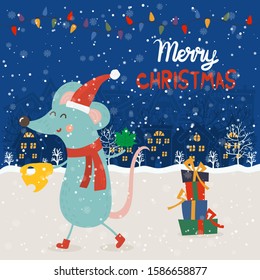 Cartoon illustration for holiday theme with happy rat,symbol of the year 2020, on winter background with trees and snow. Greeting card for Merry Christmas and Happy New Year.Vector illustration.