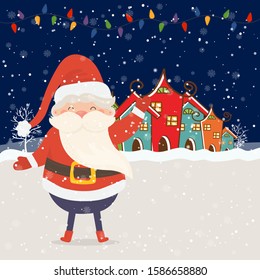 Cartoon illustration for holiday theme with happy Santa Claus on winter background with trees and snow. Greeting card for Merry Christmas and Happy New Year.Vector illustration.