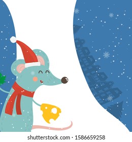 Cartoon illustration for holiday theme with happy rat,symbol of the year 2020, on winter background with trees and snow. Greeting card for Merry Christmas and Happy New Year.Vector illustration.