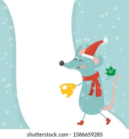 Cartoon illustration for holiday theme with happy rat,symbol of the year 2020, on winter background with trees and snow. Greeting card for Merry Christmas and Happy New Year.Vector illustration.