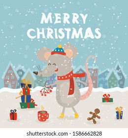 Cartoon illustration for holiday theme with happy rat,symbol of the year 2020, on winter background with trees and snow. Greeting card for Merry Christmas and Happy New Year.Vector illustration.