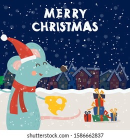 Cartoon illustration for holiday theme with happy rat,symbol of the year 2020, on winter background with trees and snow. Greeting card for Merry Christmas and Happy New Year.Vector illustration.