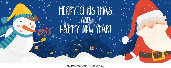 Cartoon illustration for holiday theme with happy Santa Claus and snowman on winter background with trees and snow. Banner for Merry Christmas and Happy New Year. Vector illustration.