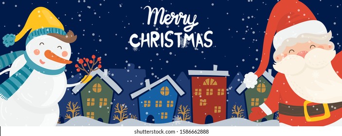 Cartoon illustration for holiday theme with happy Santa Claus and snowman on winter background with trees and snow. Banner for Merry Christmas and Happy New Year. Vector illustration.