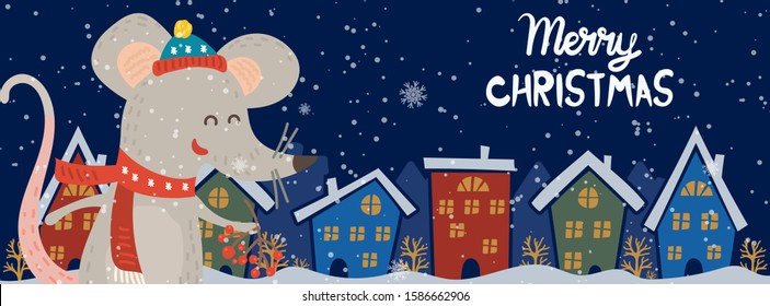 Cartoon illustration for holiday theme with happy rat,symbol of the 2020 year, on winter background with trees and snow. Banner for Merry Christmas and Happy New Year.Vector illustration.