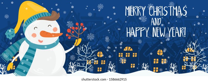 Cartoon illustration for holiday theme with happy snowman on winter background with trees and snow. Banner for Merry Christmas and Happy New Year. Vector illustration.