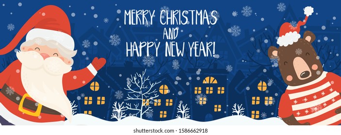 Cartoon illustration for holiday theme with happy Santa Claus and bear on winter background with trees and snow. Banner for Merry Christmas and Happy New Year.Vector illustration.
